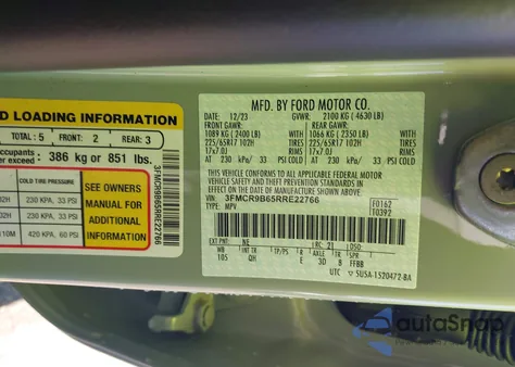 2024 Ford Bronco Sport Big Bend из США, поврежденный, VIN 3FMCR9B65RRE22766